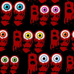 Seamless pattern with Bloody inscription Boo for Halloween. Bloody eyes. Halloween lettering, poster design template