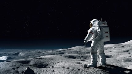 Fototapeta na wymiar An American astronaut stands on the moon and looks at the earth, realistic photo, 4K, Cinematic & Dramatic picture, Generative AI illustrator