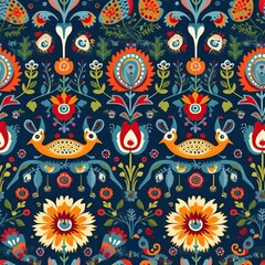 bright naif pattern with birds and flowers, generative ai