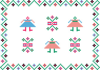 Obraz premium compositional Ukrainian ornament, flowers, people, Ukrainian embroidered shirt, blue, pink, black, green, for postcards, posters