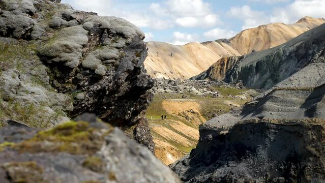 Iceland landscape with stunning mountains around Landmannalaugar. Moss covered lava fields in Iceland. High quality 4k footage