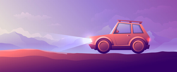 Cute cartoon car rides on a dirt road side view. Evening adventure landscape on mountains background.