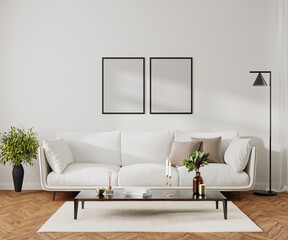 Poster frame mock up in modern home living room interior with white sofa and coffee table with decor, 3d render