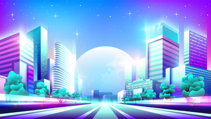 Vector neon colorful gradient illustration of a beautiful night street with road, houses and trees.