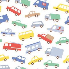Cute simple cartoon cars seamless pattern on white background.