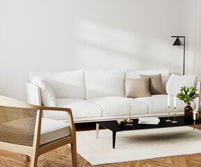 Home living room  interior with white sofa and coffee table with decor, sunlight on white wall, 3d render