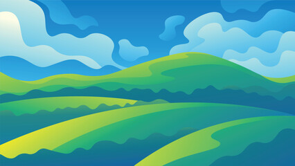 Beautiful realistic horizontal illustration of green grassy hills on a blue sky background.