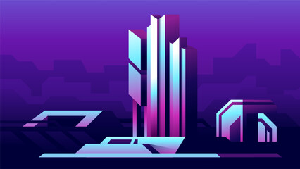 Unusual large modern business building on cityscape background. Futuristic city neon illustration.