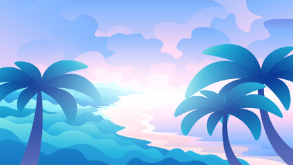Fototapeta na wymiar Idyllic tropical beach with palm trees and sea beach on a horizontal illustration.