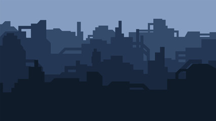 Dark factories landscape. Industrial horizontal illustration of buildings on gray background.
