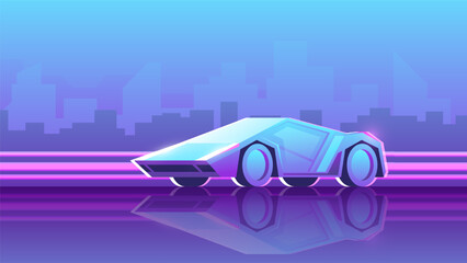 Obraz na płótnie Canvas Modern racing supercar stands on bright neon night city background. Horizontal vector illustration of modern fast transport.