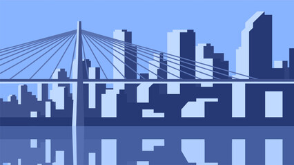 Light horizontal illustration of a big city. Bridge over the river on metropolis background.