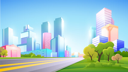 Vector color gradient illustration of daytime beautiful city view. Empty city place with no people or cars.