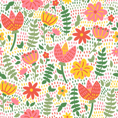 Beautiful stylized flat flowers and leaves seamless pattern on a dotted background.