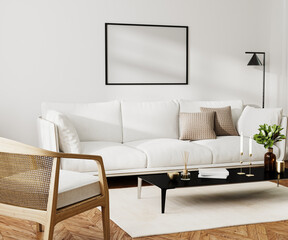 picture blank frame mock up in home living room  interior with white sofa and coffee table with decor, 3d rendering