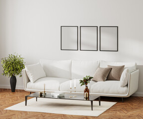 blank frame mock up in modern home living room interior with white sofa and coffee table with decor, 3d rendering