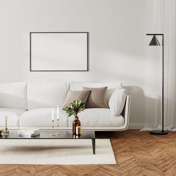 Picture frame mock up in home living room  interior with white sofa and coffee table with decor, 3d render
