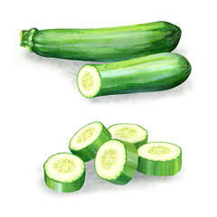 An image of sliced zucchini, digitally generated from a watercolor painting