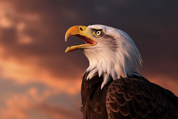 Obraz premium Bald eagle with open beak. Side portrait. In the background is a colorful sky with clouds at sunset