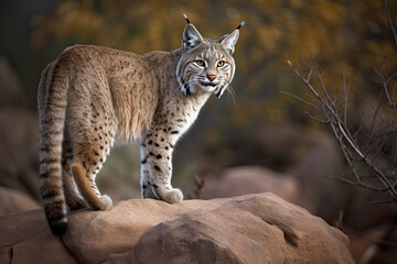 Fototapeta premium Bobcat (Lynx rufus) standing on a rock