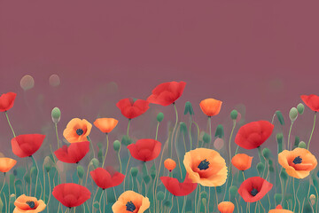 A floral pattern with meadow flowers (yellow and red poppies) and green leaves on a pink background.
Generative AI.