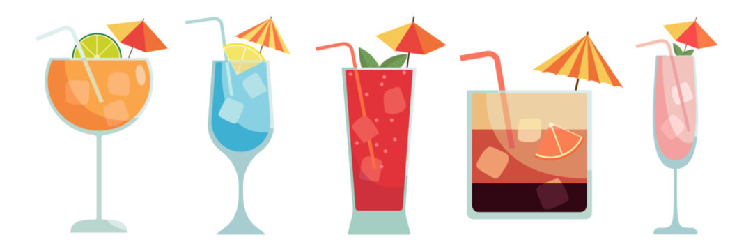 Set of cocktails. Summer illustration of classical drinks in different types of glasses. Vector illustration of summer cocktails. Banner with soft and alcohol drinks