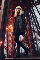 Illustration of a fictional female blonde rebel rocker girl wearing leather clothes and posing in front of the Eiffel tower. Generative AI.