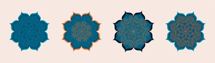 Set of round blue and orange mandala on white isolated background. Vector illustration icons.