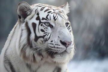 Naklejka premium Close up of a big white tiger head. Bleached tiger of India in a snowy forest and winter background