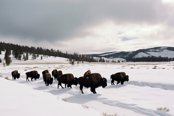 Yellowstone National Park. Herd of Bison in the snow