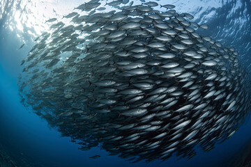 Naklejka na ściany i meble Abstract jamb fishes underwater sea ecosystem. Large group of fish on blue background