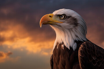 Fototapeta premium Bald eagle with open beak. Side portrait. In the background is a colorful sky with clouds at sunset