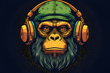 A monkey in headphones on a colored background, Generative AI 1
