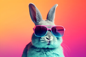 Rabbit in sunglasses on a colored background, Generative AI