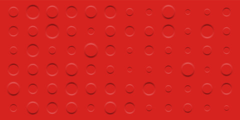 Red minimalistic background with random extruder pressed circles. Neumorphism style. 3d circles with shadows. Vector seamless pattern.