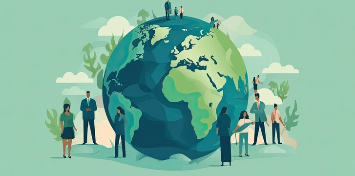 people with a globe, in the style of environmental awareness, flat illustrations, light sky-blue and dark green. Generative AI