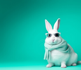 Adorable white rabbit with eyeglasses and fashionable dress.
