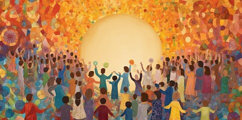 Obraz premium group of people holding earth, in the style of environmentally inspired, flat, vibrant airy scenes, human-canvas integration. Generative AI