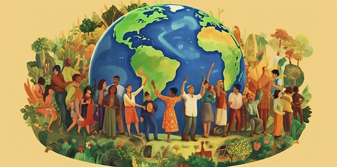 group of people holding earth, in the style of environmentally inspired, flat, vibrant airy scenes, human-canvas integration. Generative AI