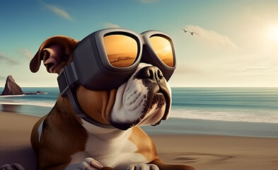 Fototapeta na wymiar Bull dog with vr glasses relaxing at beach. AI generated image.