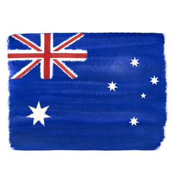 Watercolour Australian flag hand drawn isolated on white.