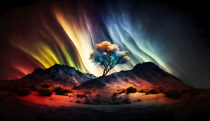 Multicolored northern lights aurora created using Generative AI Technology