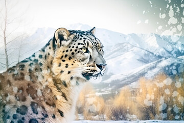Fototapeta premium Double exposure of snow Leopard and frozen forest with snowfall and sunny mountains behind