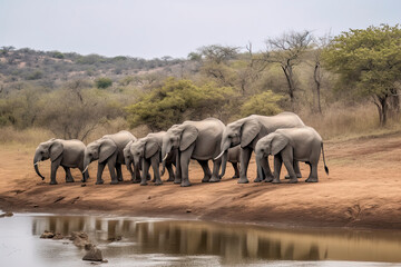 Obraz premium Elephant herd walking on dam wall with some already drinking water down below female
