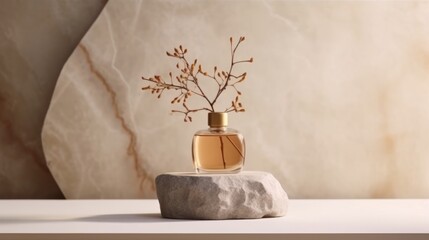 A perfume bottle resting on a rocky surface in a natural setting created with Generative AI technology - obrazy, fototapety, plakaty