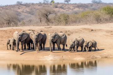 Obraz premium Elephant herd walking on dam wall with some already drinking water down below female