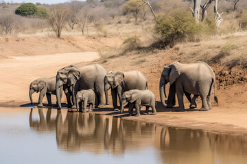 Obraz premium Elephant herd walking on dam wall with some already drinking water down below female