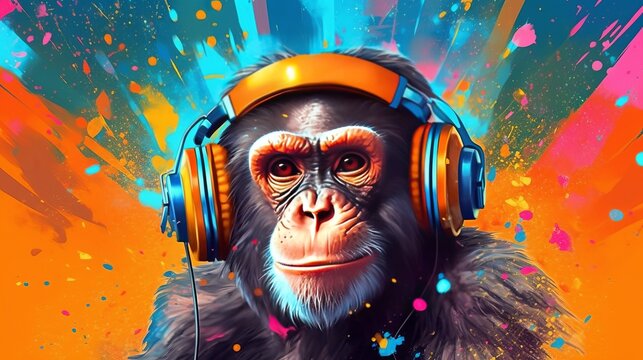 A monkey wearing headphones and listening to music created with Generative AI technology