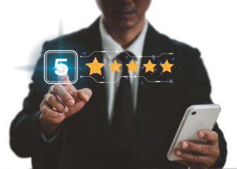 An image of a man in a suit holding a world map and a 5-star symbol in his right hand illustrates the idea of global pleasure with goods and services.
