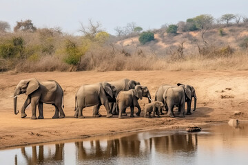 Obraz premium Elephant herd walking on dam wall with some already drinking water down below female